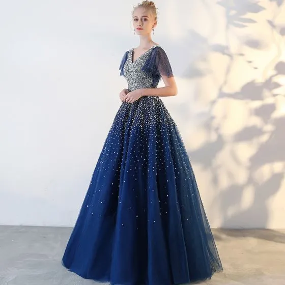 Sparkly Royal Blue Prom Dresses 2018 Tulle V-Neck Sequins Glitter