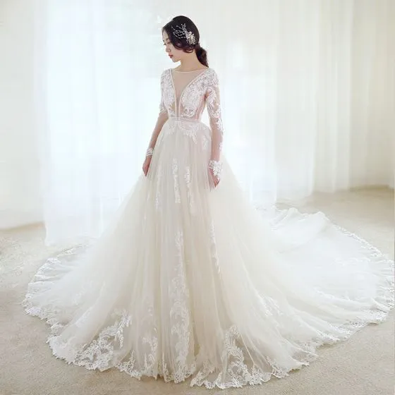 a line deep v wedding dress