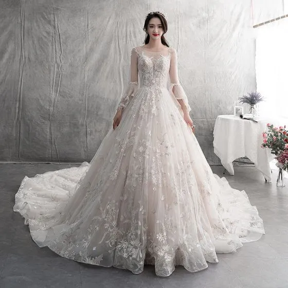 Modern / Fashion Champagne Wedding Dresses 2019 A-Line / Princess Scoop ...