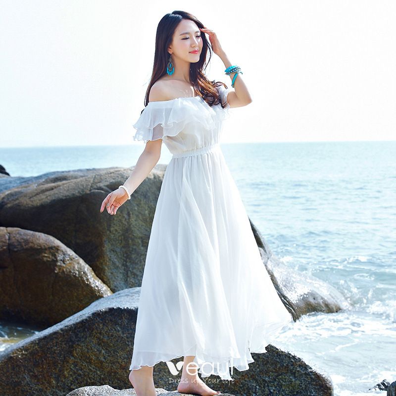 Chic / Beautiful Summer Beach White Chiffon Maxi Dresses 2018 A-Line ...
