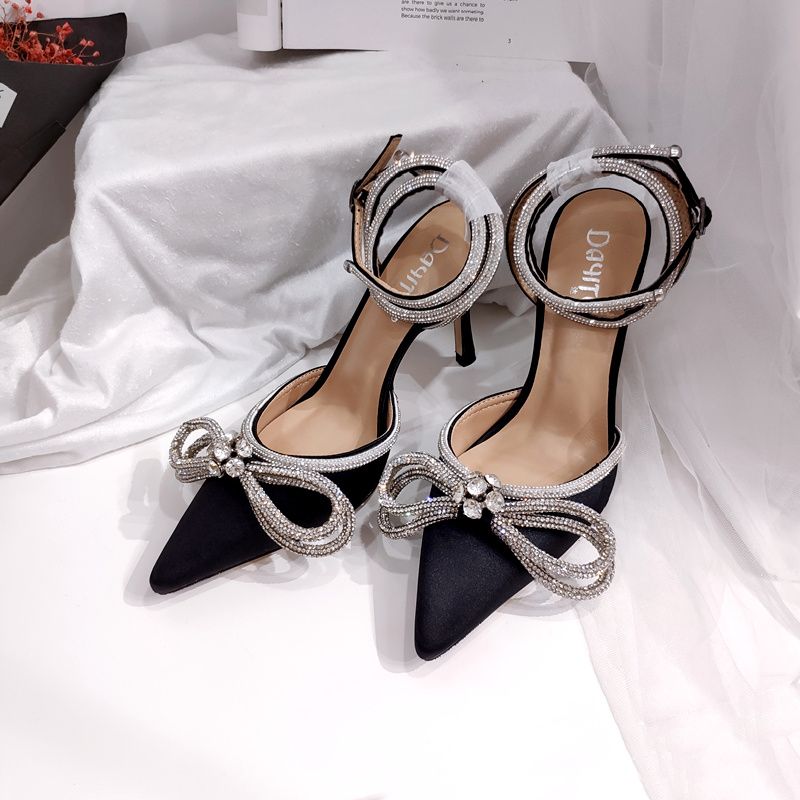 Charming Black Evening Party Rhinestone Bow Womens Sandals 2020 Ankle ...