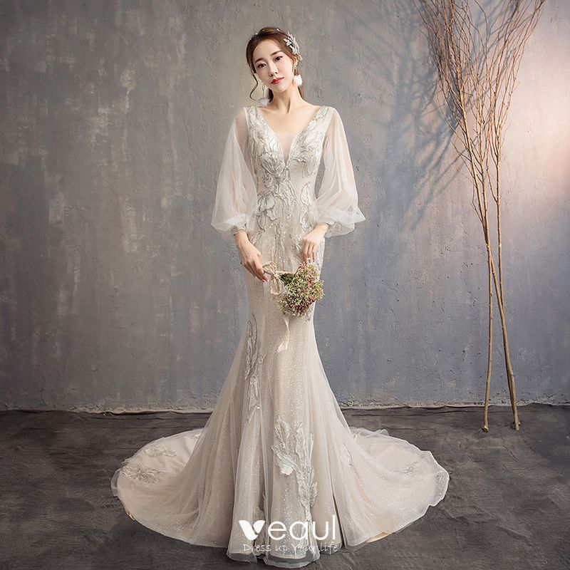 New White/Champagne Lace Mermaid Wedding Dress with V Back & V Neck Chapel Train 