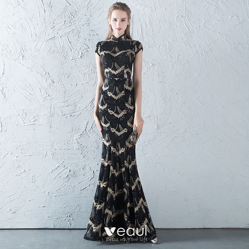 Chinese Style Black Gold Sequins Evening Dresses 2018 Trumpet Mermaid High Neck Cap Sleeves Floor Length Long Ruffle Formal Dresses