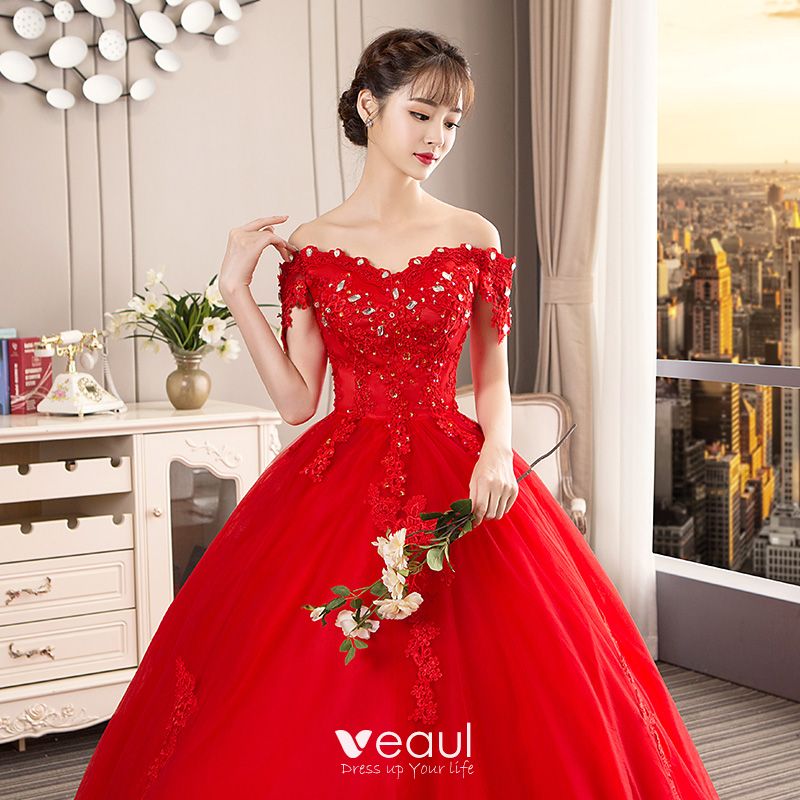 Chic / Beautiful Red Wedding Dresses 2019 Ball Gown Off-The-Shoulder ...