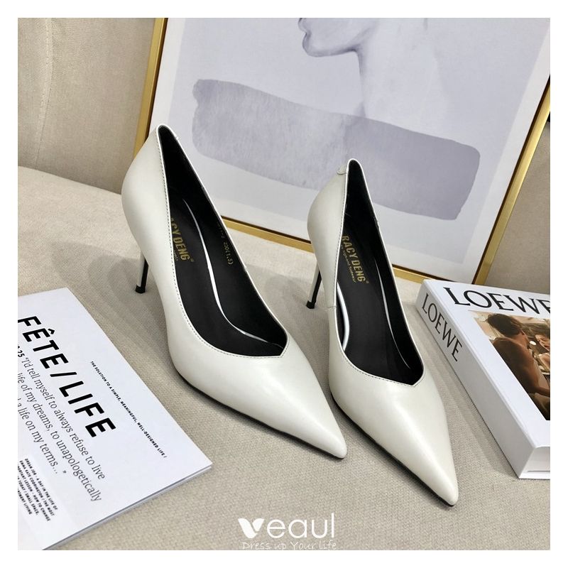 Modest / Simple Ivory Office OL Leather Pumps 2020 7 cm Stiletto Heels ...