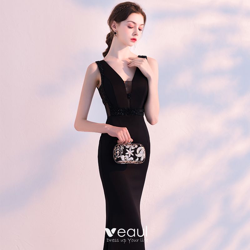 Sexy Black Evening Dresses 2018 Trumpet / Mermaid See-through V-Neck ...