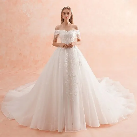 Charming Ivory Wedding Dresses 2019 A-Line / Princess Off-The-Shoulder ...