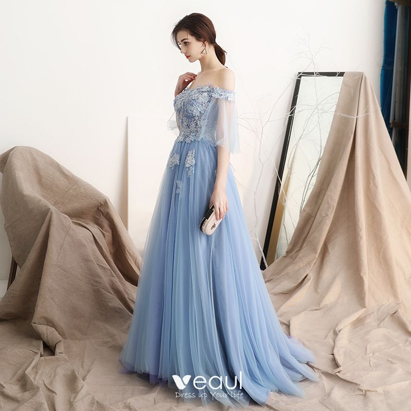 Charming Sky Blue Evening Dresses 2018 A-Line / Princess Off-The ...