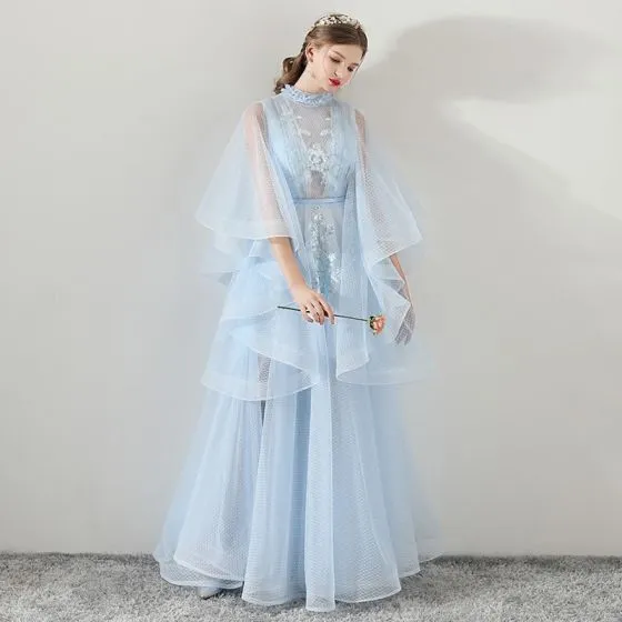 Amazing / Unique Sky Blue See-through Evening Dresses 2018 A-Line ...