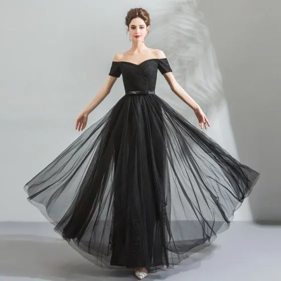 Modest / Simple Black Evening Dresses 2018 A-Line / Princess Off-The ...