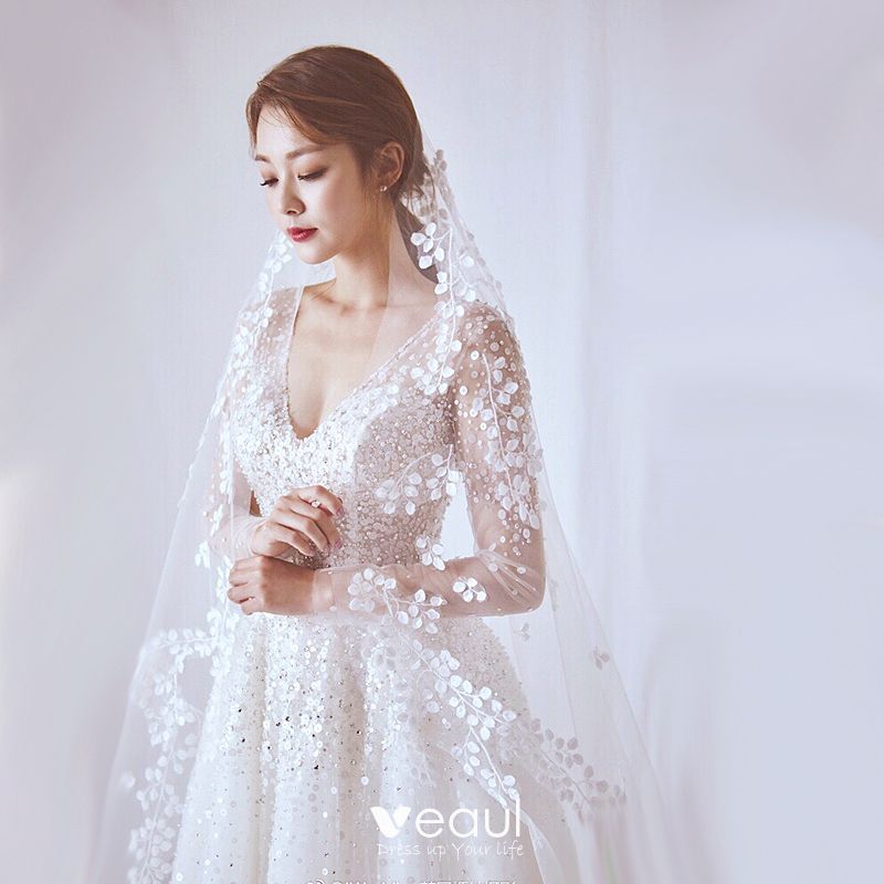 Elegant Chapel Veils Lace Appliques Long Wedding Veils