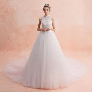Empire Waist Wedding Dress Bridal Gown Veaul Modest Simple Ivory Wedding Dresses 2019 Empire High Neck Sleeveless Liques Lace Cathedral Train Ruffle