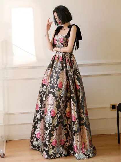 Fancy Black Jacquard Prom Dresses 2021 A-Line / Princess Shoulders ...