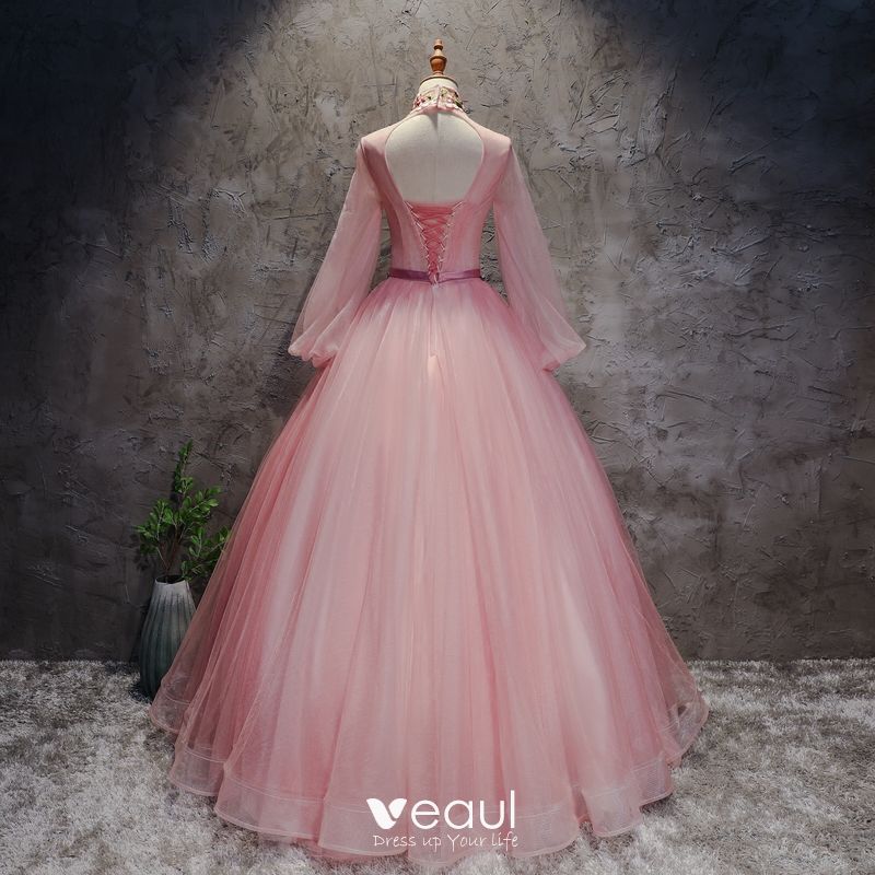 long sleeve pink ball gown