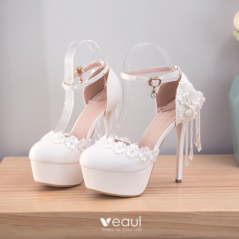 Modern / Fashion White Wedding Shoes 2018 Lace Flower Ankle Strap Pearl ...
