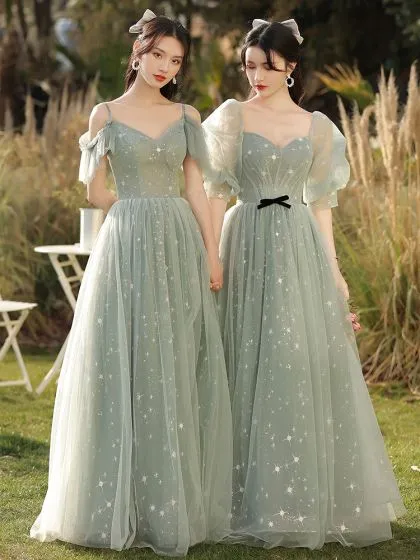 Fashion Sage Green Star Bridesmaid Dresses 2021 A-Line / Princess Scoop ...