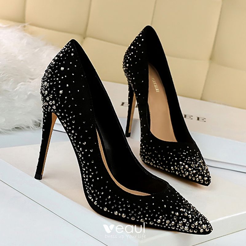 Chic / Beautiful Black Evening Party Pumps 2019 Suede Rhinestone 10 cm ...