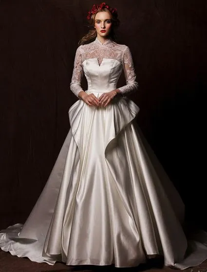 Elegant Wedding Dresses 2016 Vintage Lace Neckline Ivory Ruffle Satin ...