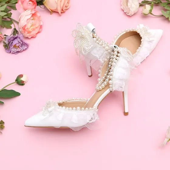 Elegant White Pearl Bow Lace Wedding Shoes 2024 Ankle Strap 9 Cm Stiletto Heels Pointed Toe