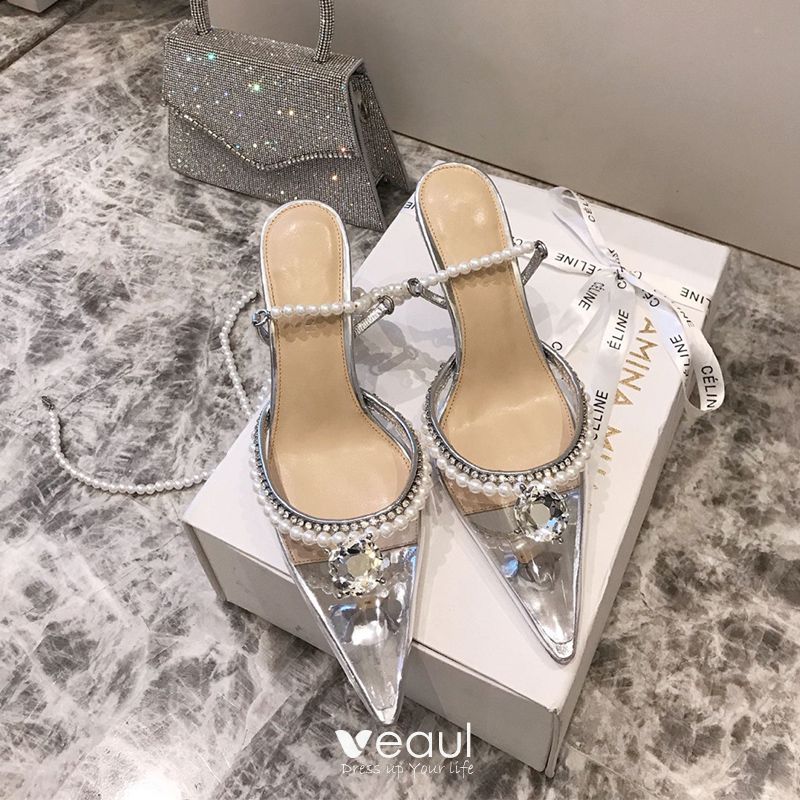 Transparent Sexy Silver Pearl Rhinestone Wedding Shoes 2021 9 cm ...