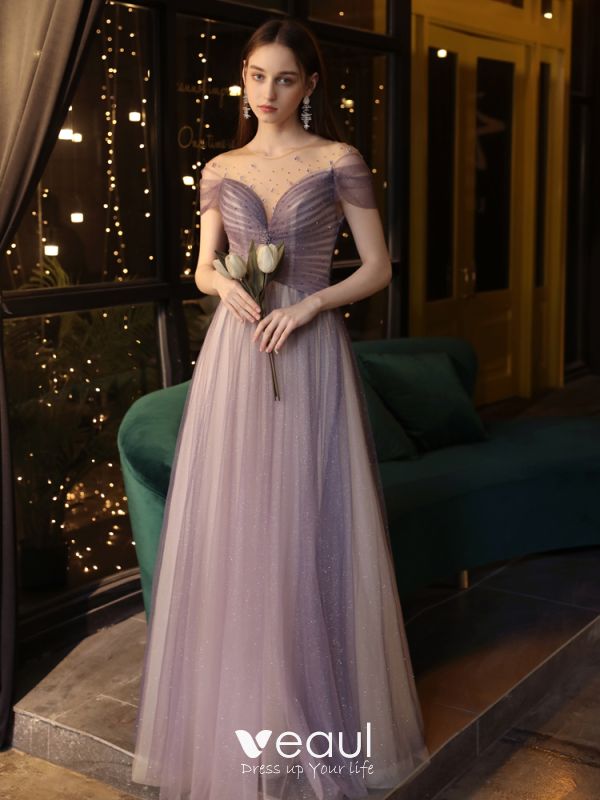 Elegant Grape Evening Dresses 2020 A-Line / Princess See-through Scoop ...