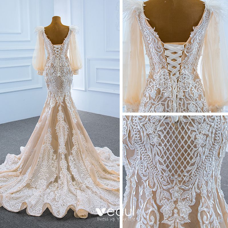 Luxury / Gorgeous Champagne Bridal Wedding Dresses 2020 Trumpet ...