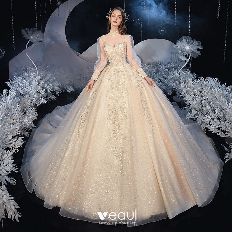 Vintage / Retro Victorian Style Champagne Bridal Wedding Dresses 2020 Ball  Gown See-through High Neck Puffy Long Sleeve Backless Appliques Lace  Beading Glitter Tulle Cathedral Train Ruffle