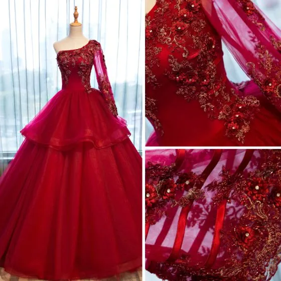 Chic / Beautiful Red Prom Dresses 2017 Ball Gown One-Shoulder Long ...
