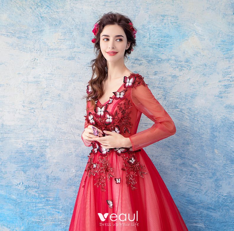 Lovely Red Floor-Length / Long Evening Dresses 2018 A-Line / Princess ...