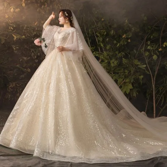 Sparkly Bling Bling Champagne Plus Size Wedding Dresses 2019 A-Line