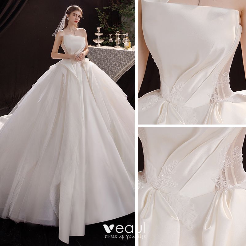 Modest / Simple Champagne Satin Bridal Wedding Dresses
