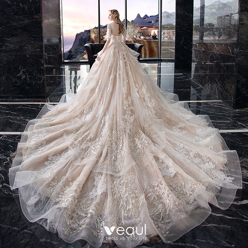 Elegant Champagne Wedding Dresses 2020 A-Line / Princess V-Neck Puffy 1 ...
