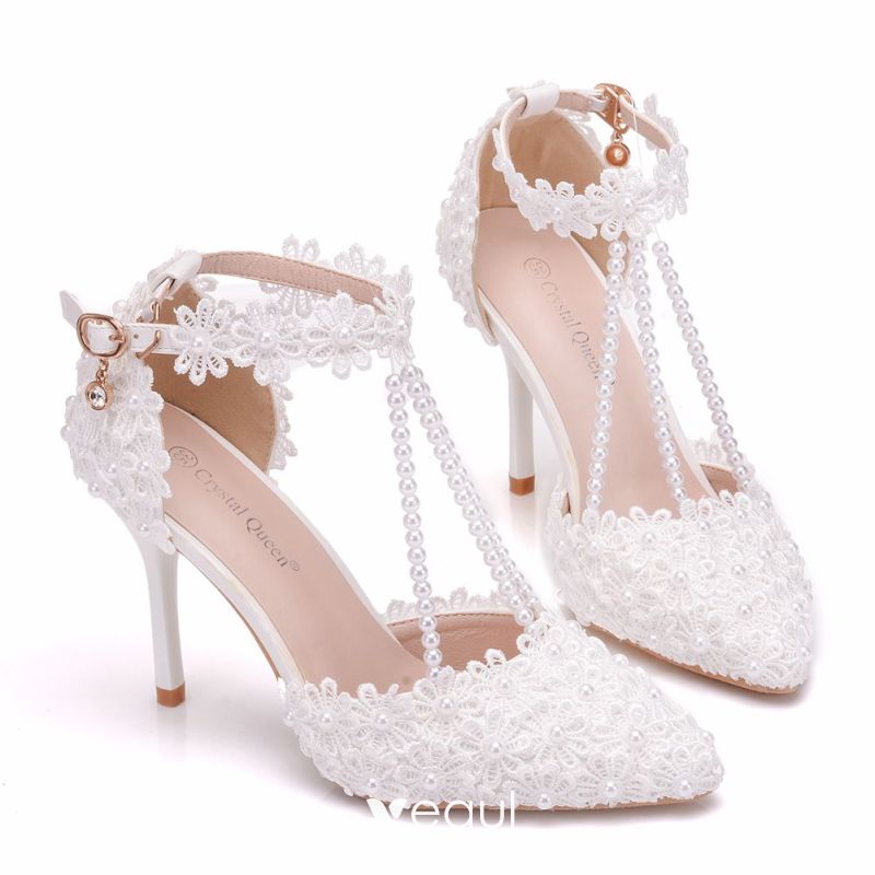 Charming White Wedding Shoes 2018 Rhinestone Ankle Strap Lace Pearl ...