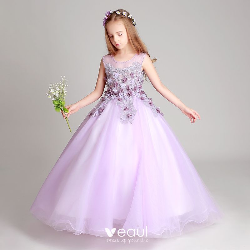 Chic / Beautiful Lilac Flower Girl Dresses 2017 Ball Gown Pearl Scoop ...