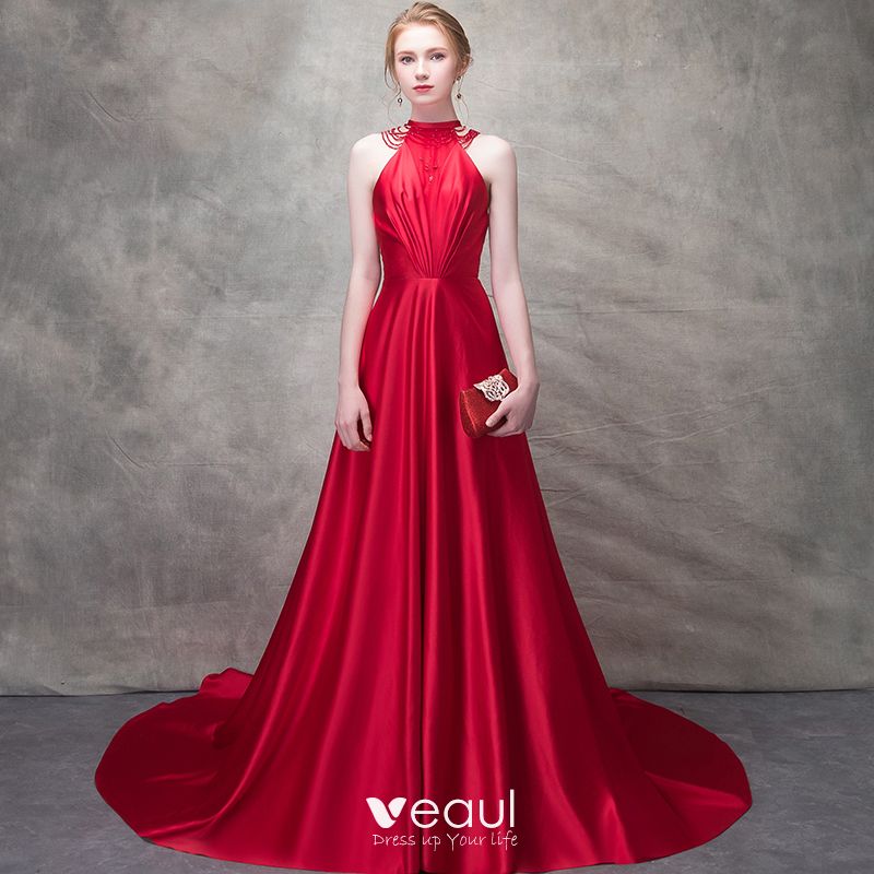Elegant Red Evening Dresses 2017 A-Line / Princess Bow Beading High ...