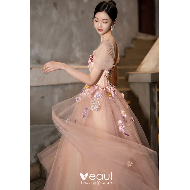 Elegant Blushing Pink Pearl Lace Flower Prom Dresses 2023 A-Line / Princess  Square Neckline Short Sleeve Backless Floor-Length / Long Prom Formal  Dresses