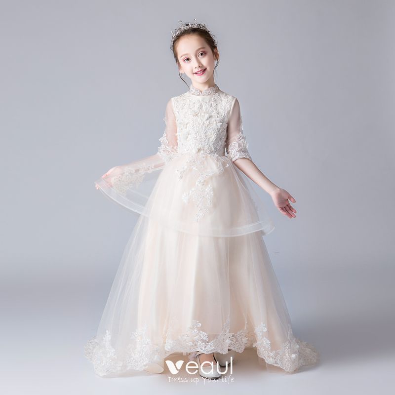 Chinese style Champagne Flower Girl Dresses 2019 A-Line / Princess High ...