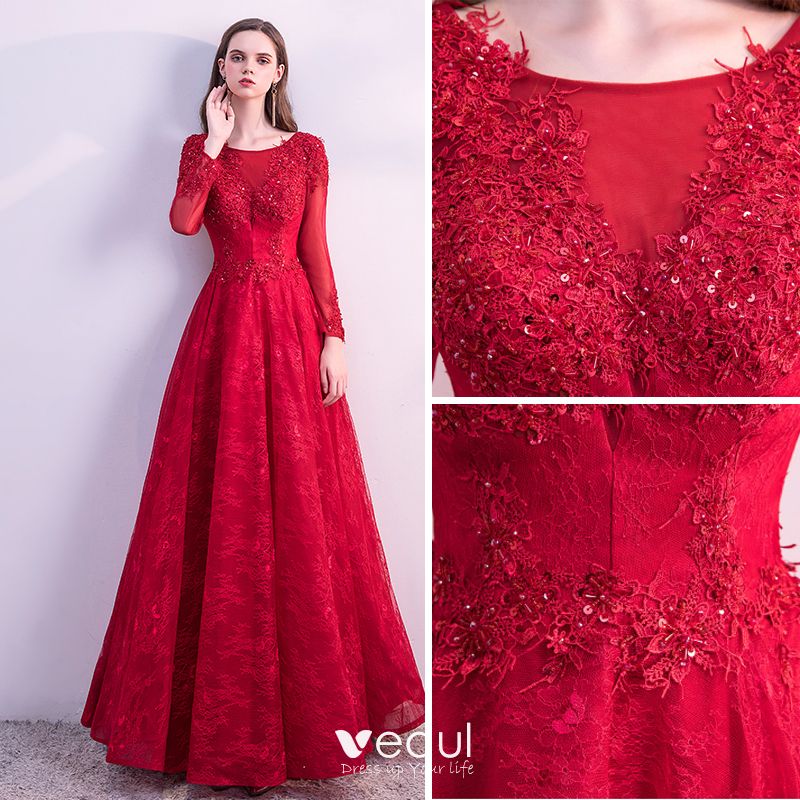 Chic / Beautiful Red Prom Dresses 2018 A-Line / Princess Lace Flower ...