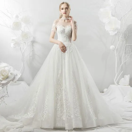 Affordable White See-through Wedding Dresses 2018 A-Line / Princess ...