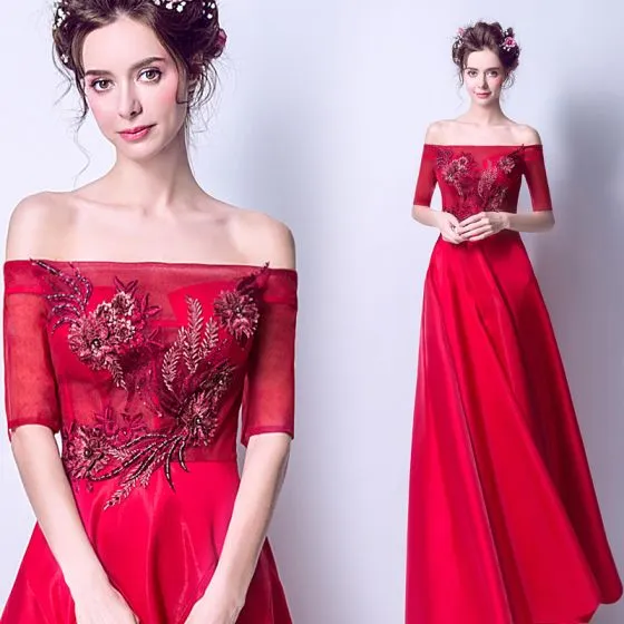 Affordable Red Evening Dresses 2019 A-Line / Princess Off-The-Shoulder ...