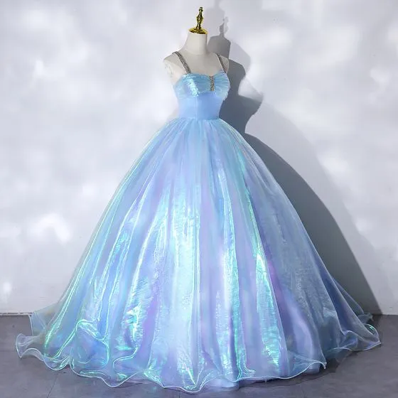 Illusion Sky Blue Cinderella Prom Dresses 2021 Ball Gown Rhinestone 