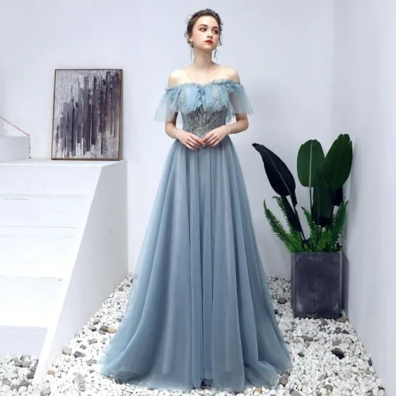 Elegant Pool Blue Prom Dresses 2019 A-Line / Princess Off-The-Shoulder ...