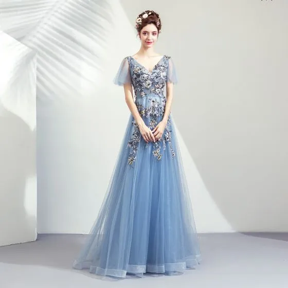 Elegant Sky Blue Prom Dresses 2019 A-Line / Princess V-Neck Appliques ...