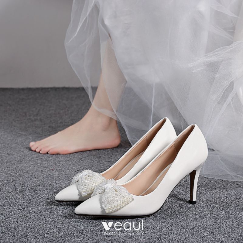Elegant Ivory Pearl Bow Ankle Strap Wedding Shoes 2023 Satin 8 cm