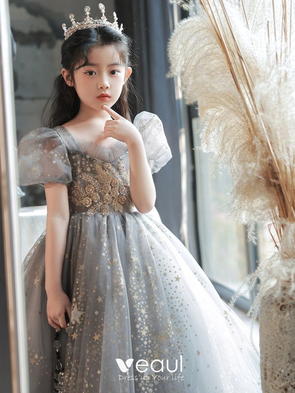 Chic Beautiful Grey Birthday Flower Girl Dresses 2022 Ball Gown High Neck  Beading Long