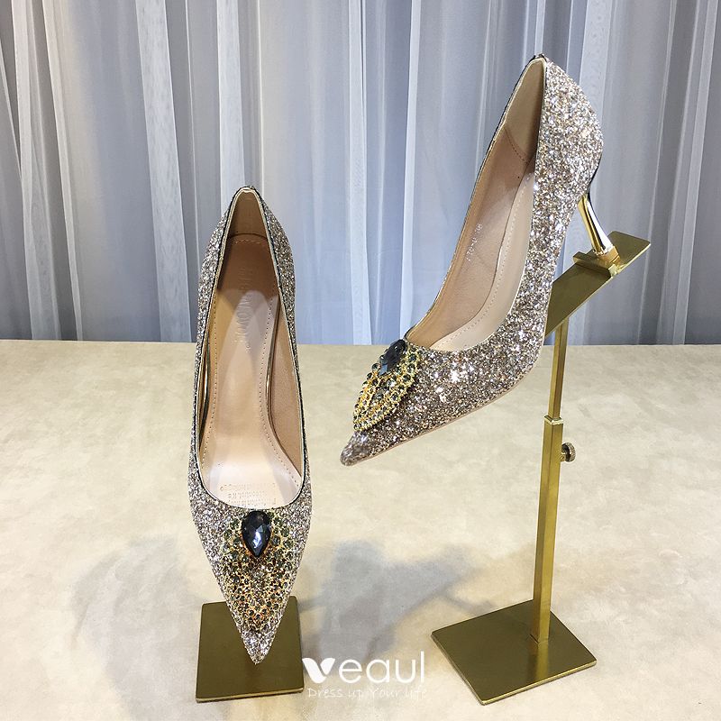 Sparkly Champagne Evening Party Sequins Pumps 2020 Rhinestone 8 cm ...