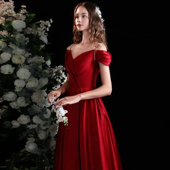 Elegant Burgundy Satin Prom Dresses 2021 A-Line / Princess Short Sleeve ...