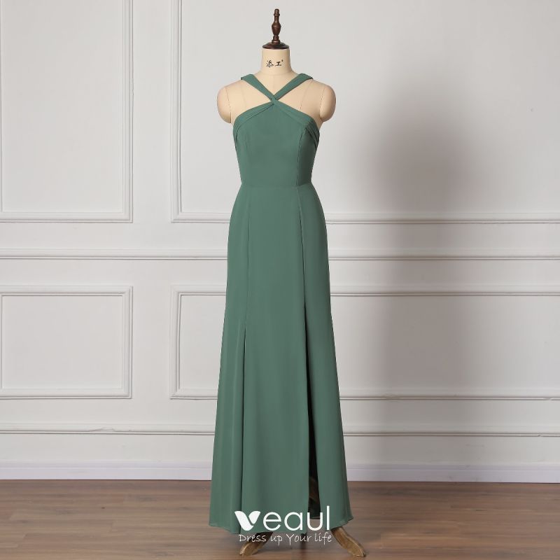 Modest / Simple Green Bridesmaid Dresses 2022 Trumpet / Mermaid Halter ...