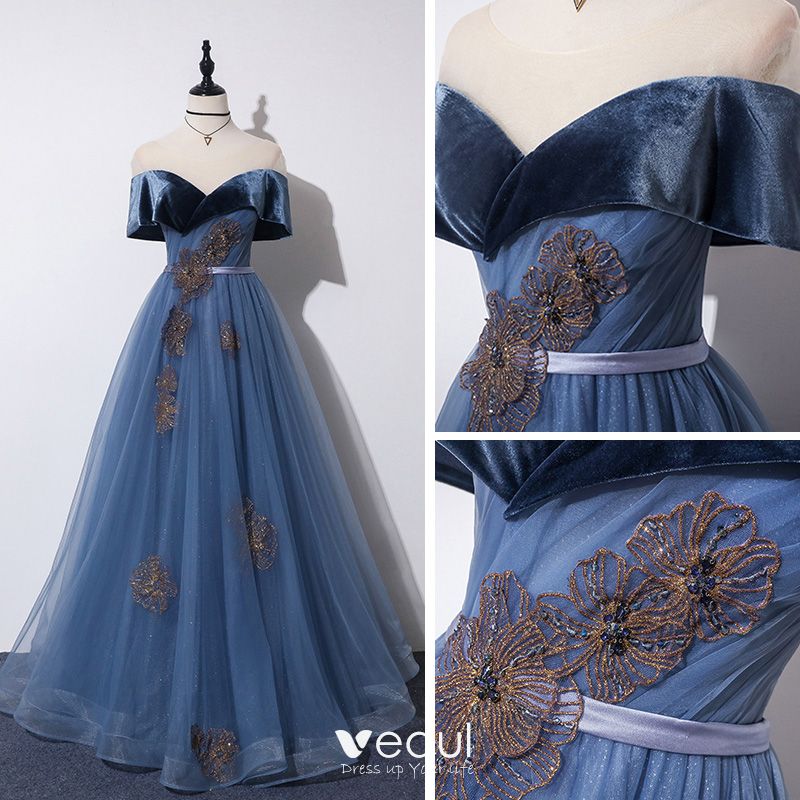 Elegant Ocean Blue Prom Dresses 2019 A-Line / Princess See-through ...