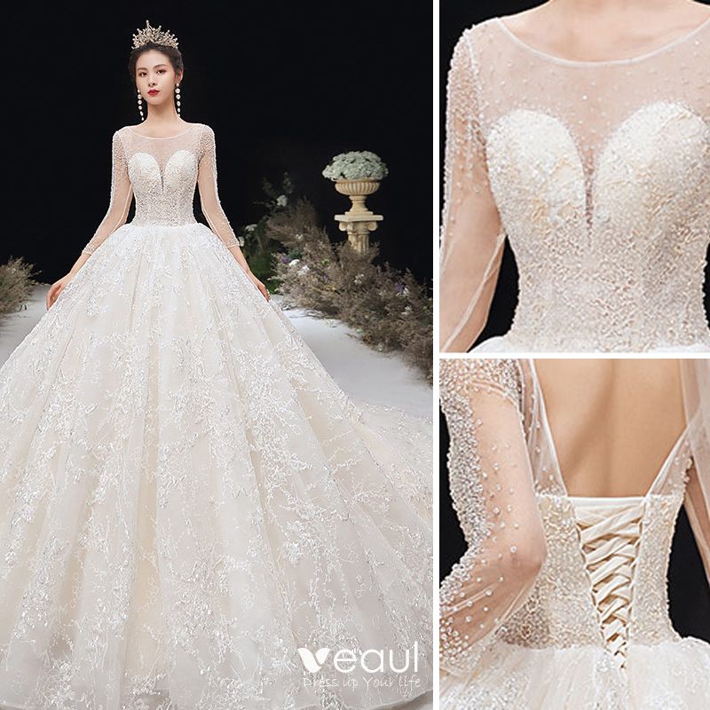 High End Ivory Wedding Dresses 2020 Ball Gown Scoop Neck